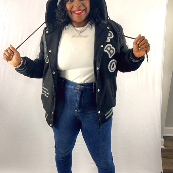 PBC Billionaire, Unisex Black Wool Hooded Varsity Jacket