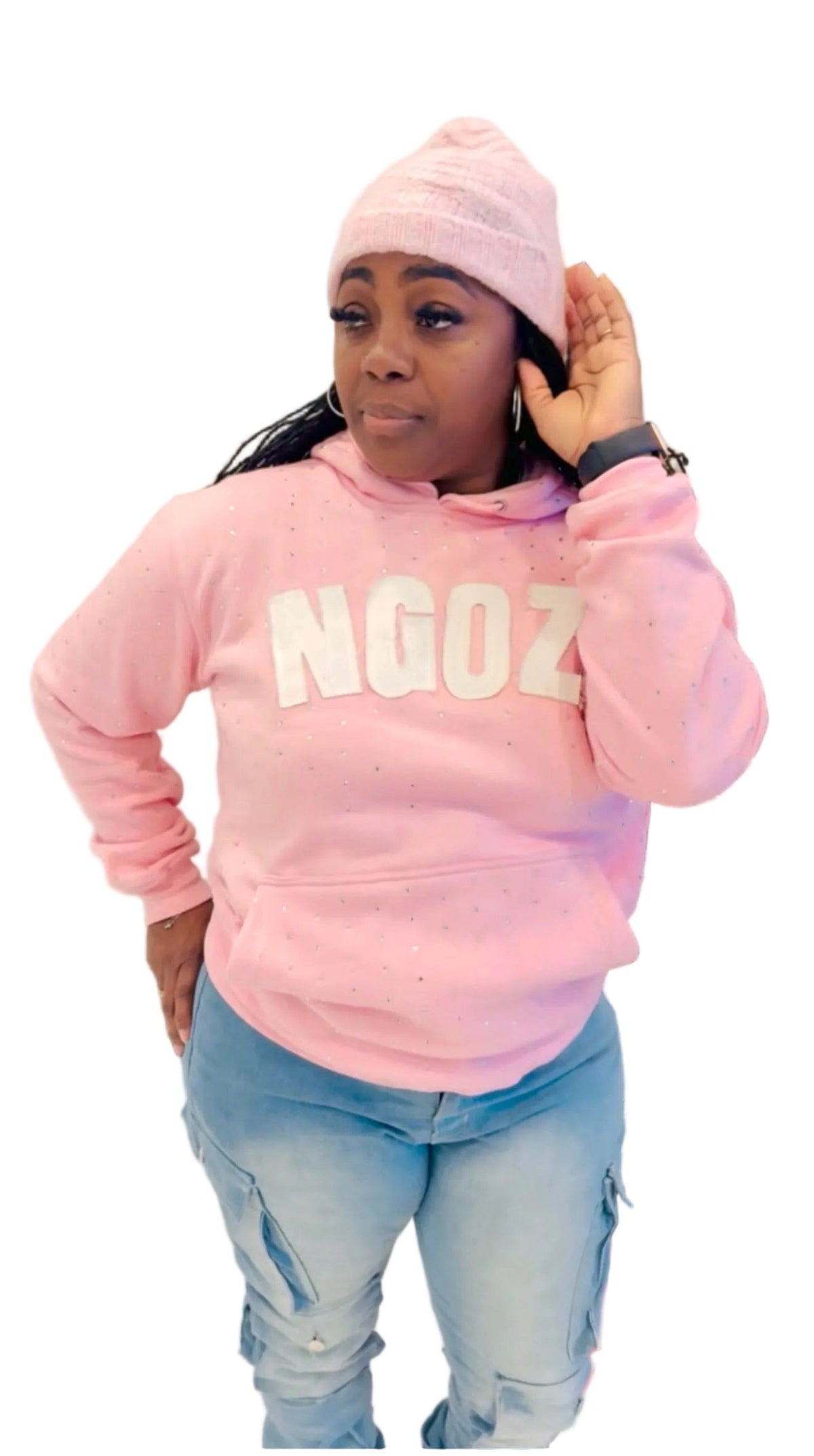 Pink hoodie cotton fabric, distressed logo letters, with rhinestones all over it. 