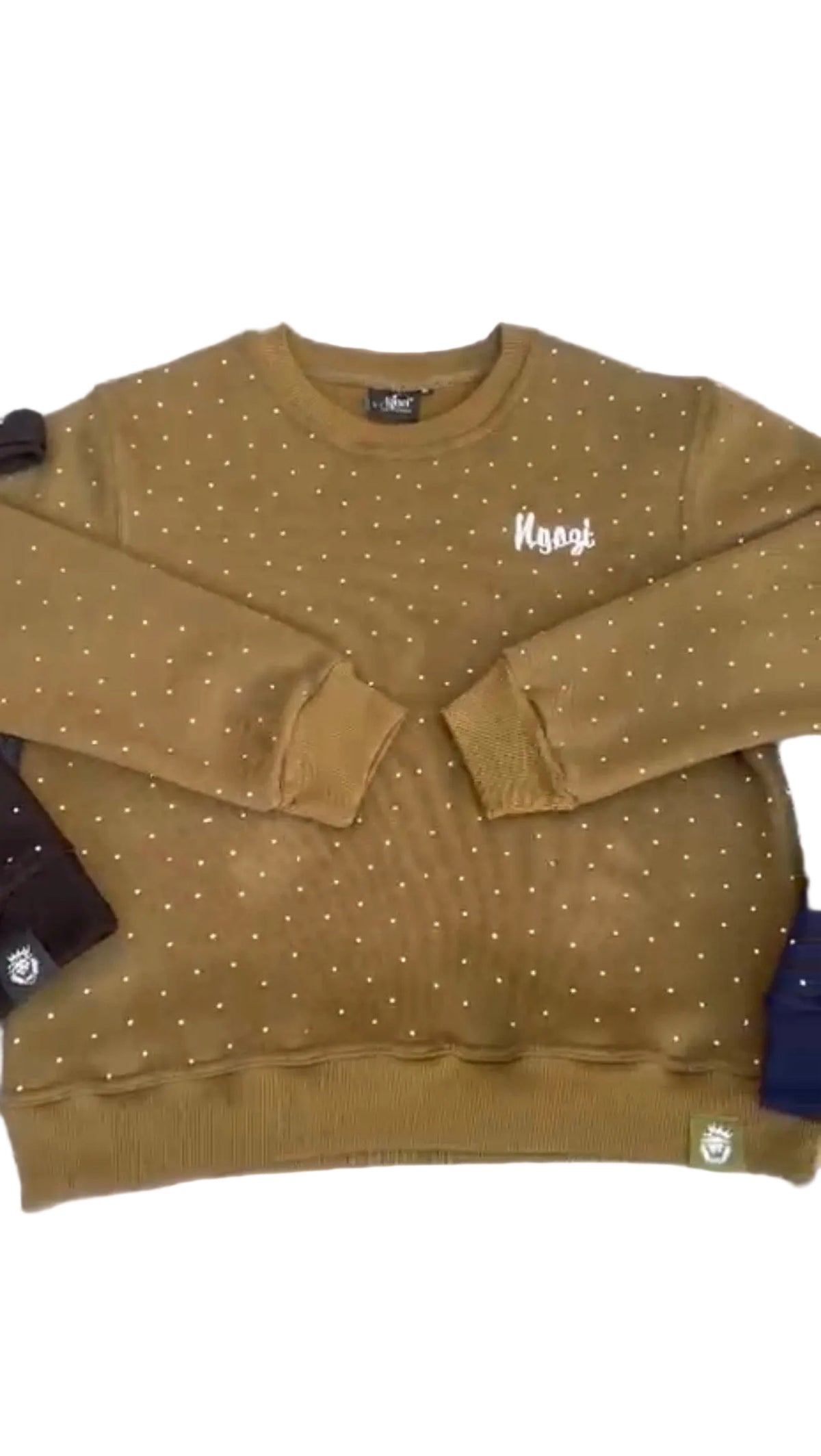 Olive green cotton sweatshirt with rhinestone all over.