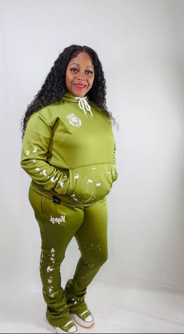 Olive green super stacked sweatsuit