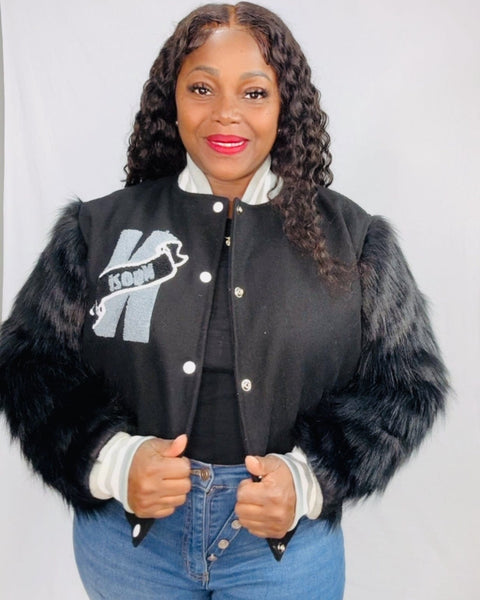 Ngozi Black Varsity Fur and Wool Jacket