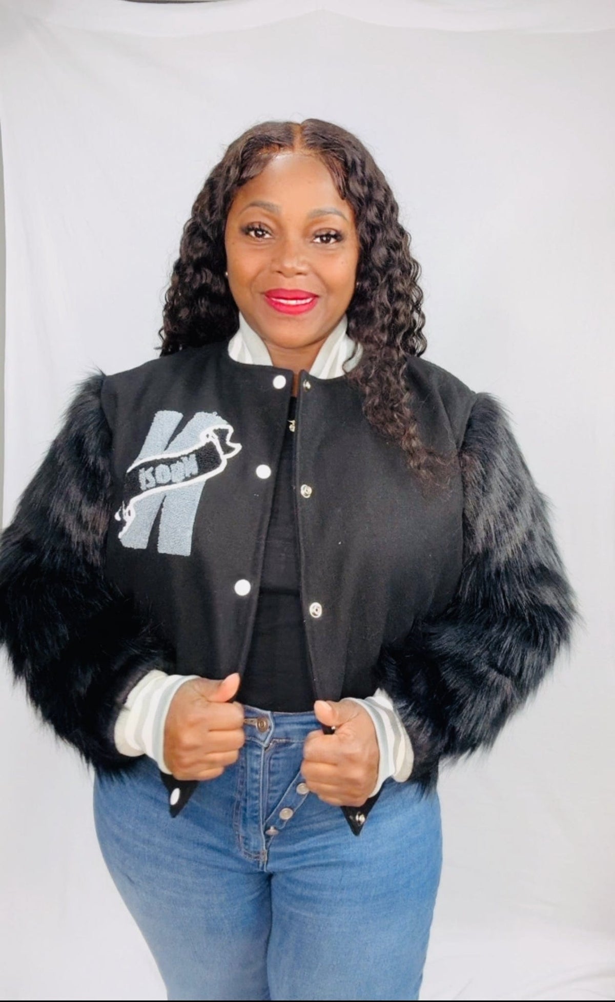 Ngozi Black Varsity Fur and Wool Jacket