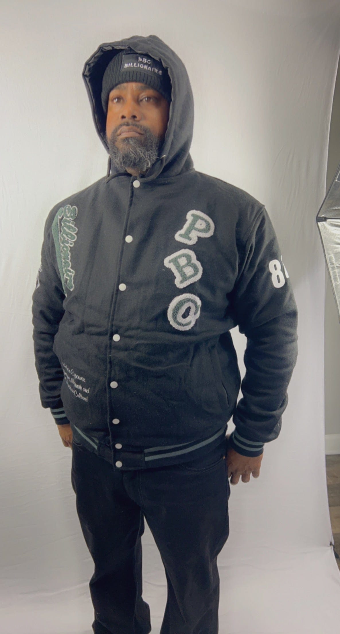PBC Billionaire, Unisex Black Wool Hooded Varsity Jacket