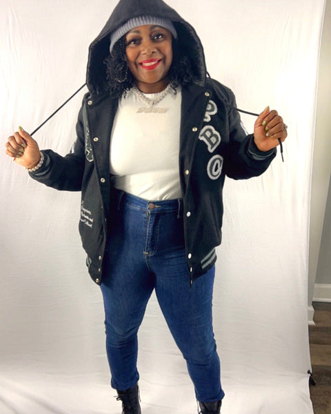 PBC Billionaire, Unisex Black Wool Hooded Varsity Jacket